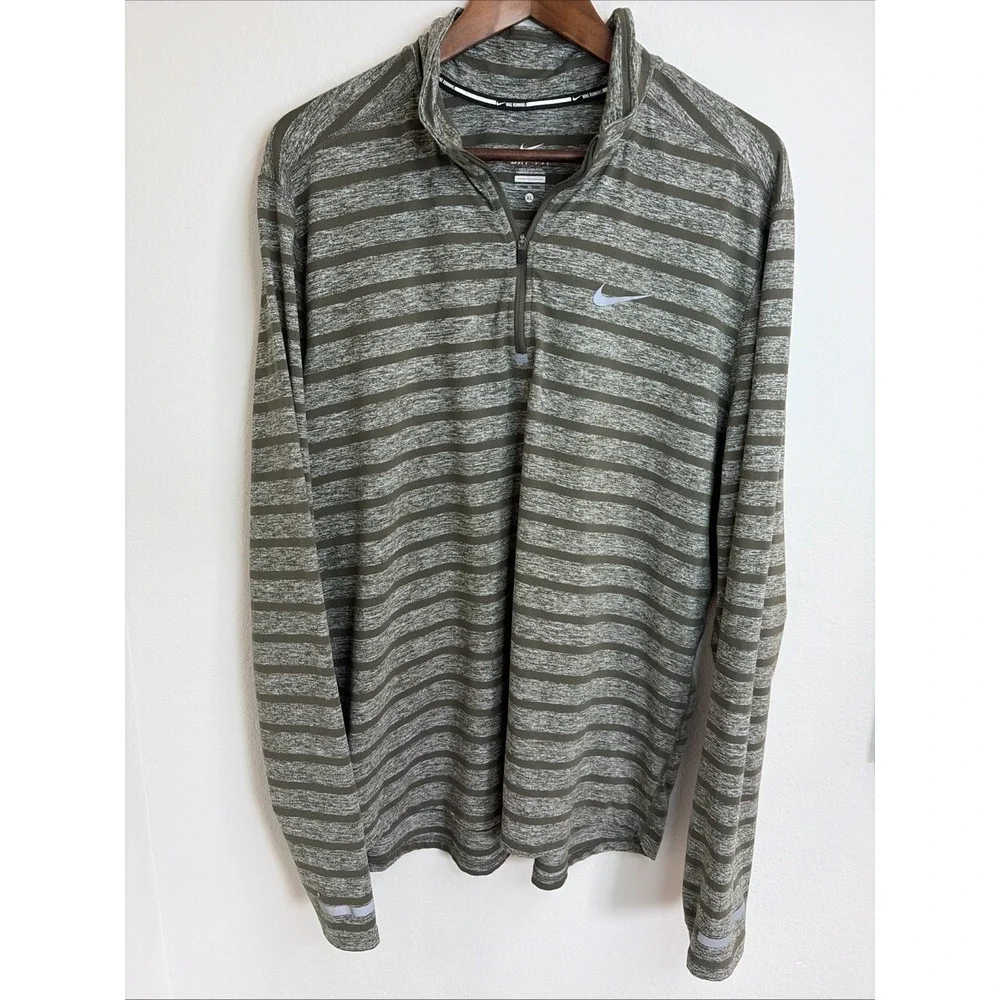 NIKE Running Dri-Fit Green Striped 1/4‎ Zip Long Sleeve Pullover Shirt Mens XL